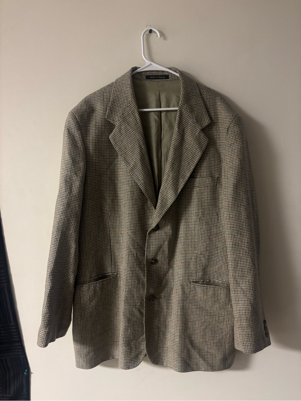 Riggins Wool Silk Linen Blend Houndstooth Sport Coat Blazer 46L Made in Uruguay